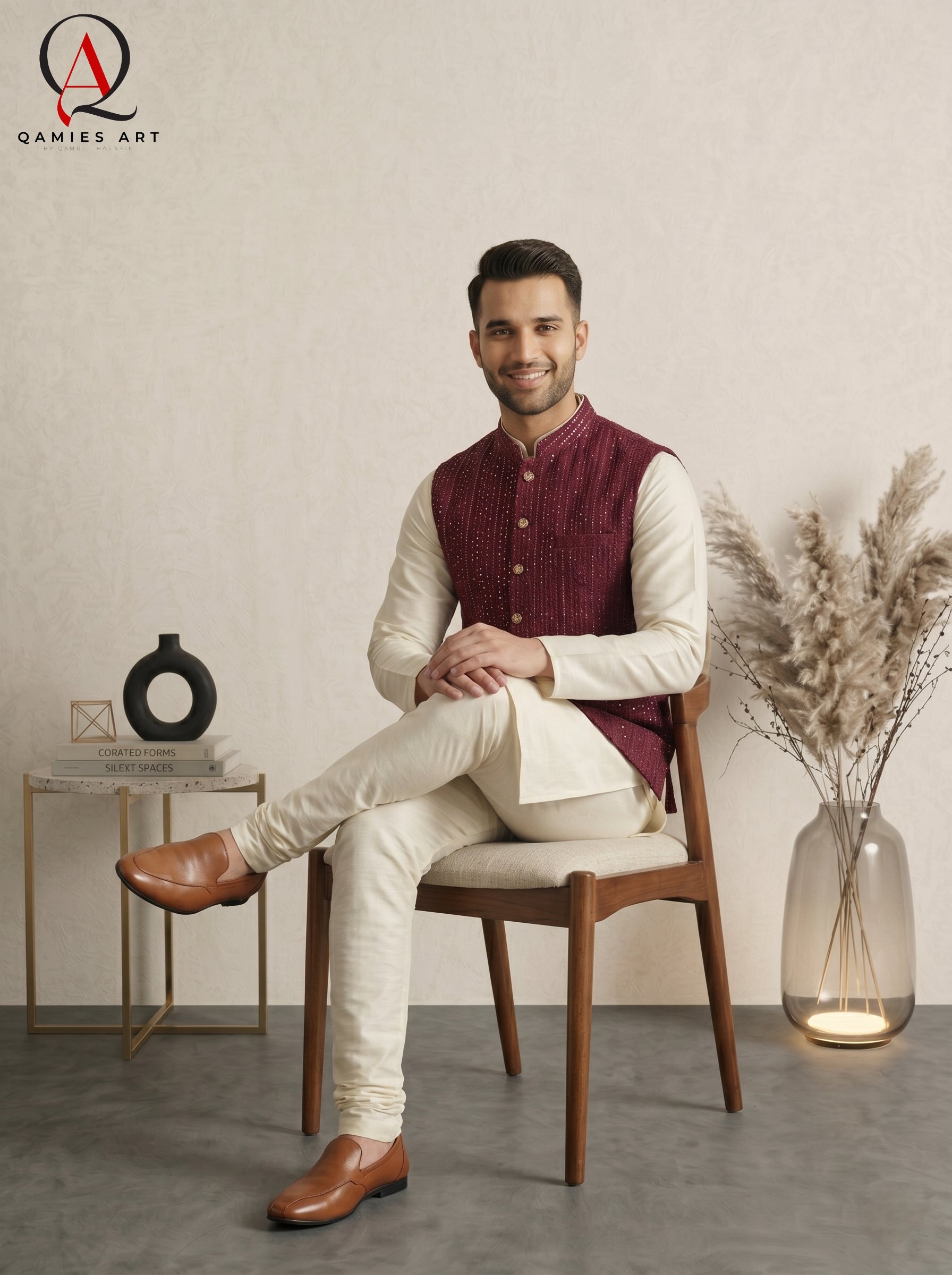 Magenta Embroidered Waist Coat with Gold Sequin Work