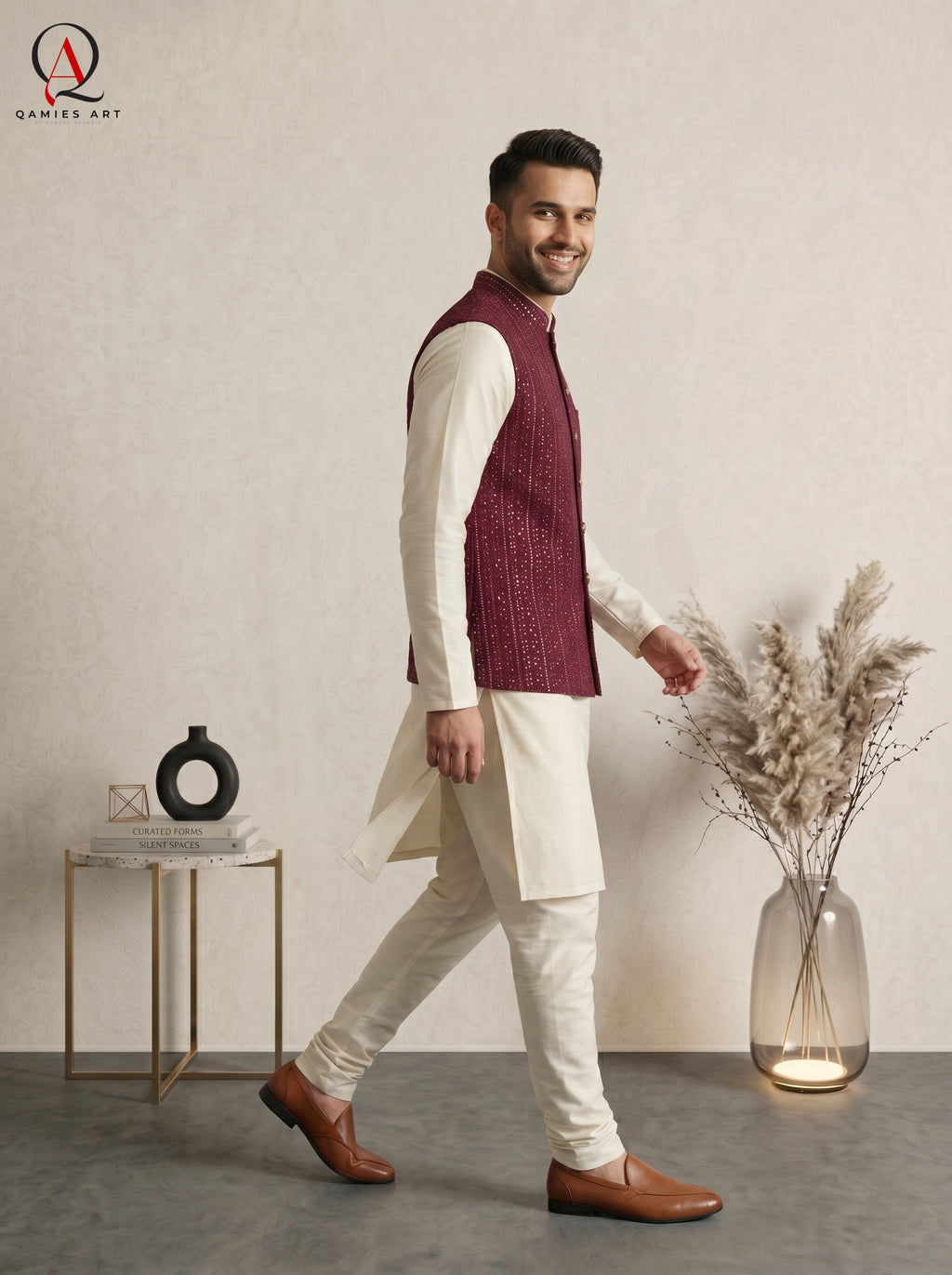 Magenta Embroidered Waist Coat with Gold Sequin Work
