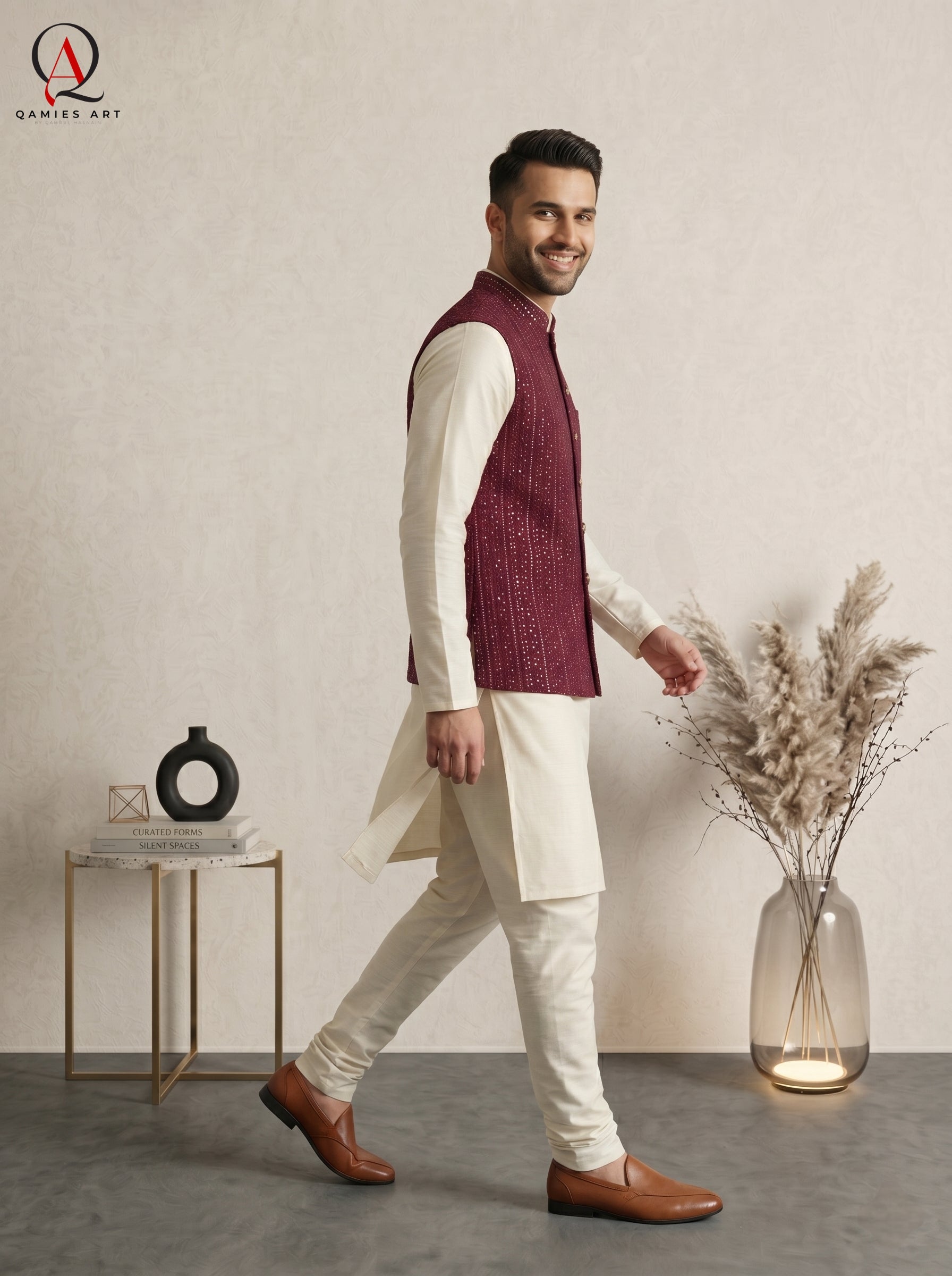 Magenta Embroidered Waist Coat with Gold Sequin Work