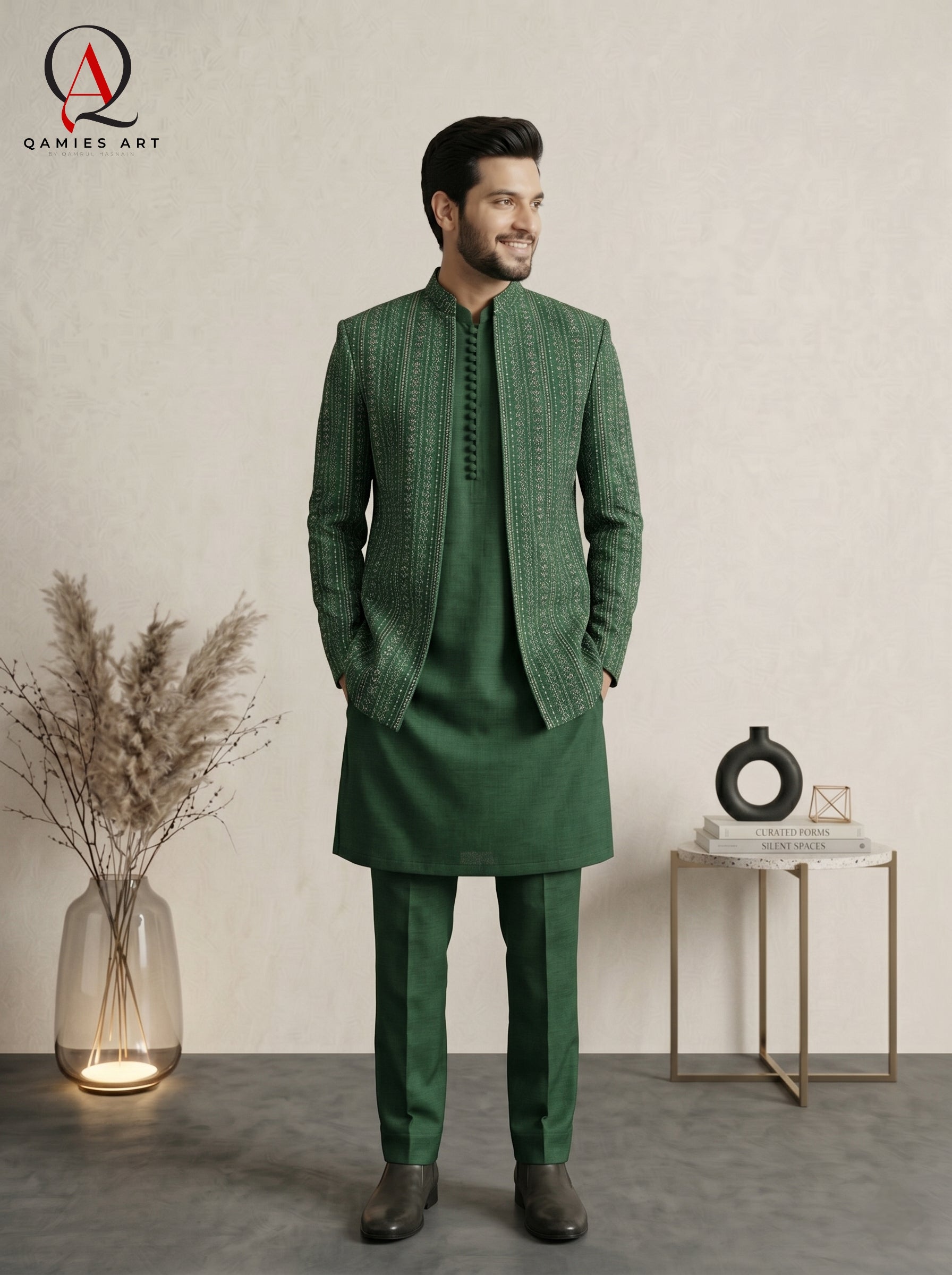 Emerald Green Embroidered Open Prince Coat with Sequin Detailing & Ball Button Kurta Trouser Set