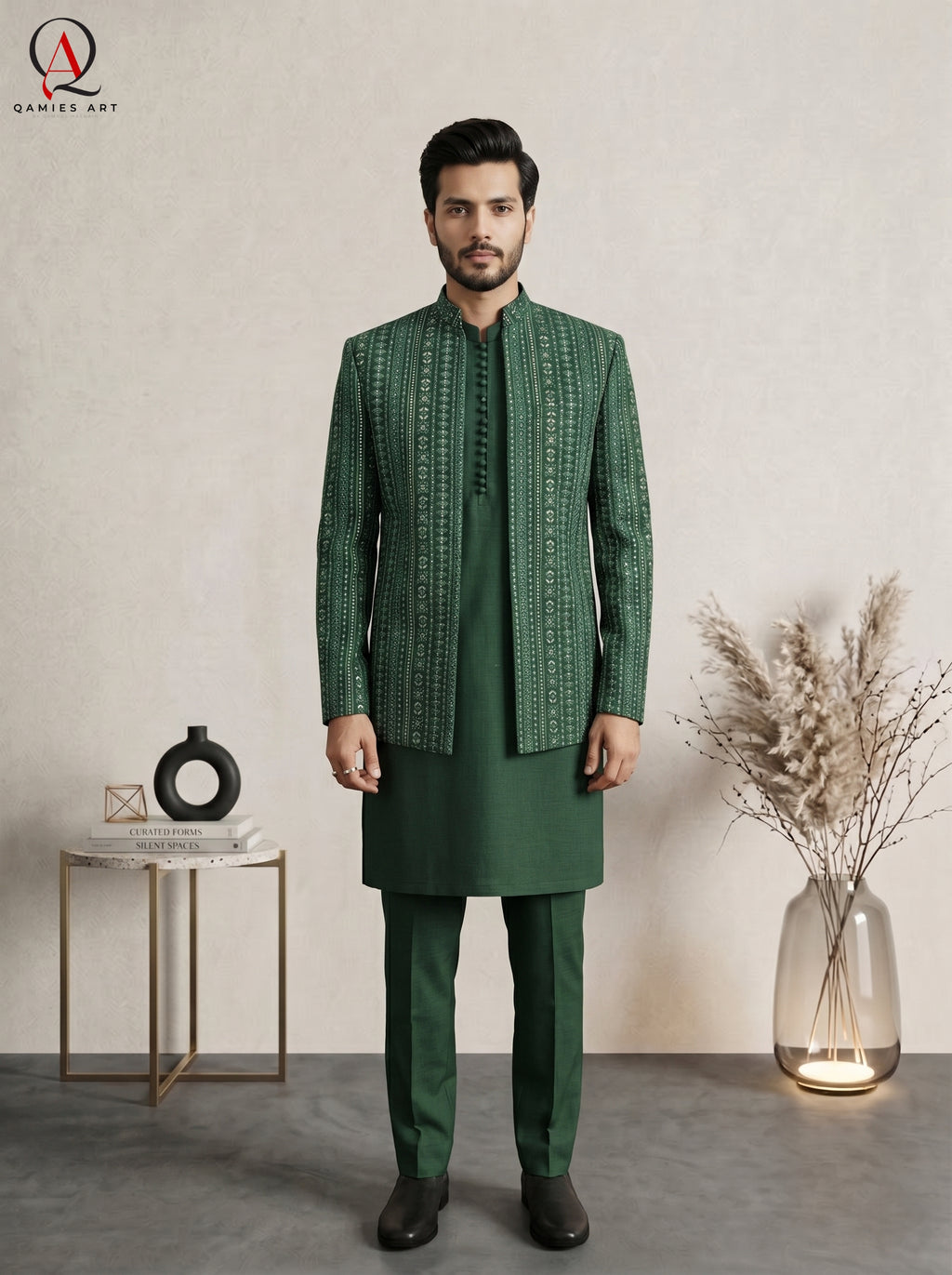 Emerald Green Embroidered Open Prince Coat with Sequin Detailing & Ball Button Kurta Trouser Set