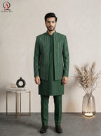 Emerald Green Embroidered Open Prince Coat with Sequin Detailing & Ball Button Kurta Trouser Set