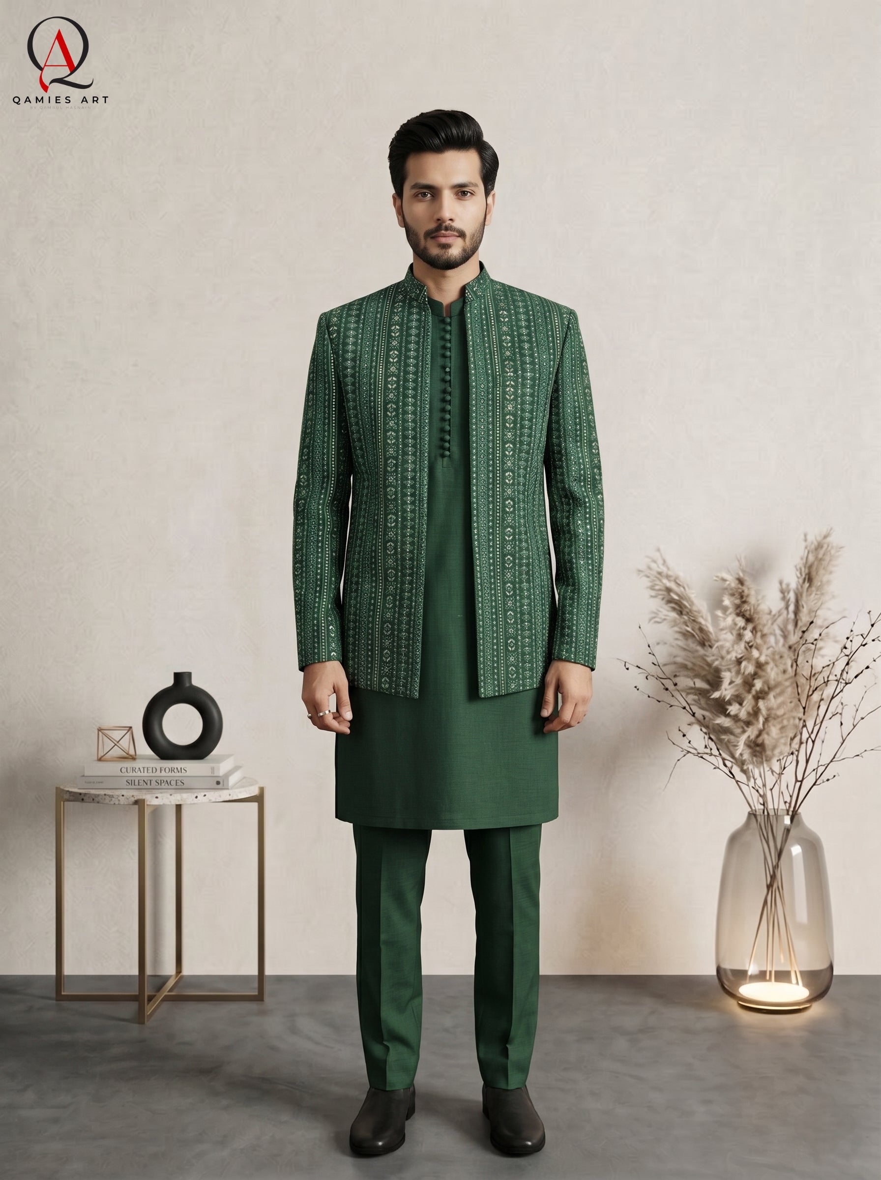 Emerald Green Embroidered Open Prince Coat with Sequin Detailing & Ball Button Kurta Trouser Set