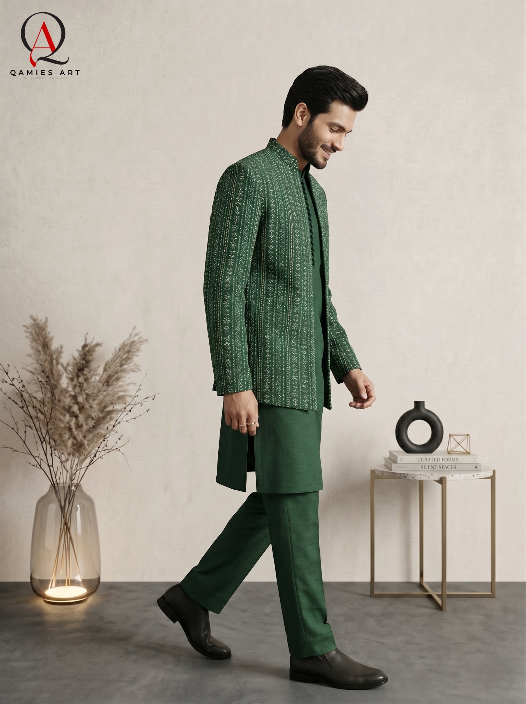 Emerald Green Embroidered Open Prince Coat with Sequin Detailing & Ball Button Kurta Trouser Set