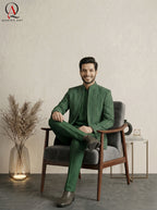 Emerald Green Embroidered Open Prince Coat with Sequin Detailing & Ball Button Kurta Trouser Set