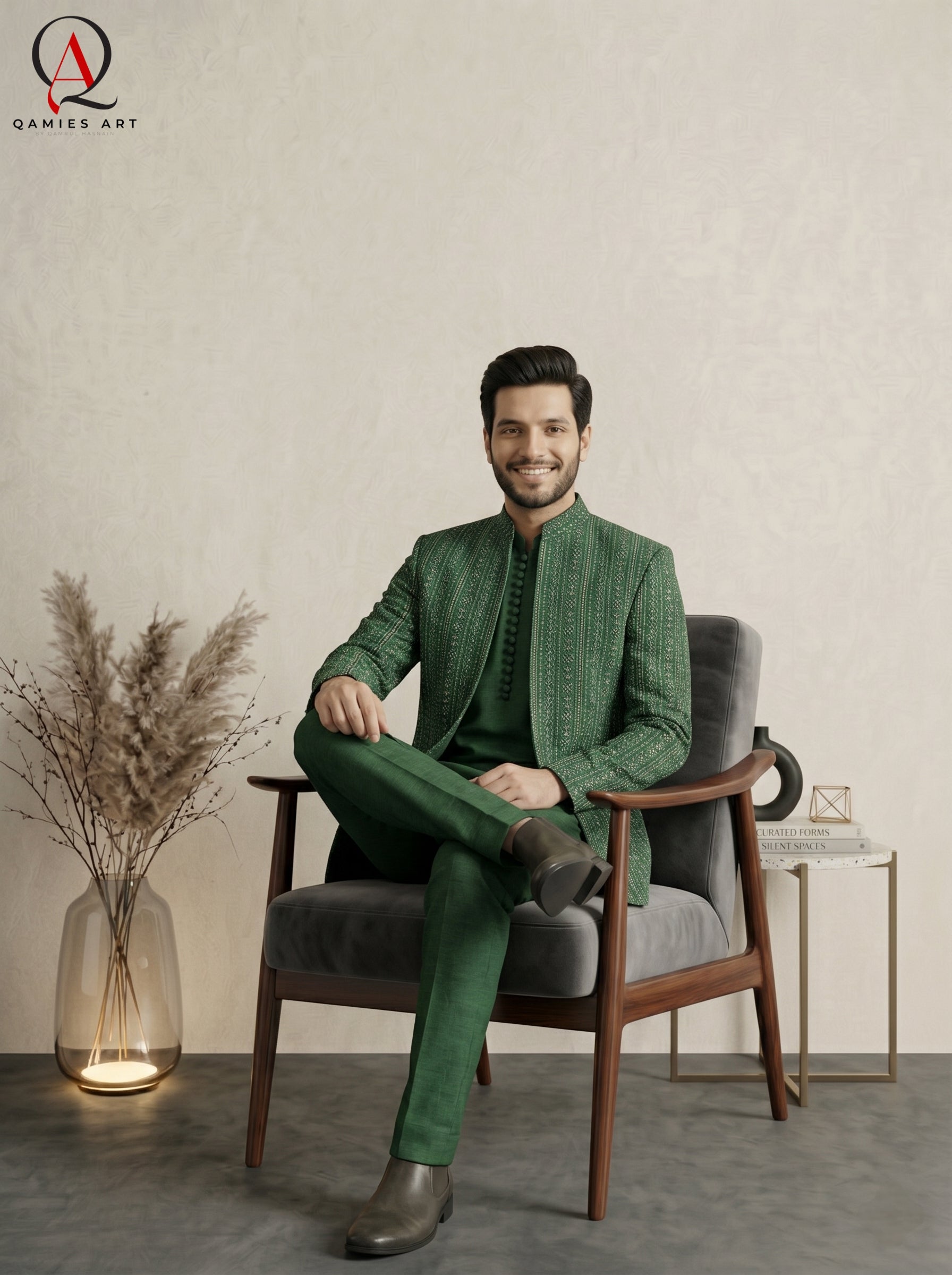 Emerald Green Embroidered Open Prince Coat with Sequin Detailing & Ball Button Kurta Trouser Set