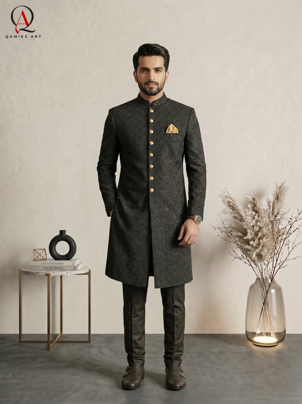 Qamies Art Black Square Pattern Embroidered Sherwani with Sequin Detailing
