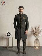 Qamies Art Black Square Pattern Embroidered Sherwani with Sequin Detailing