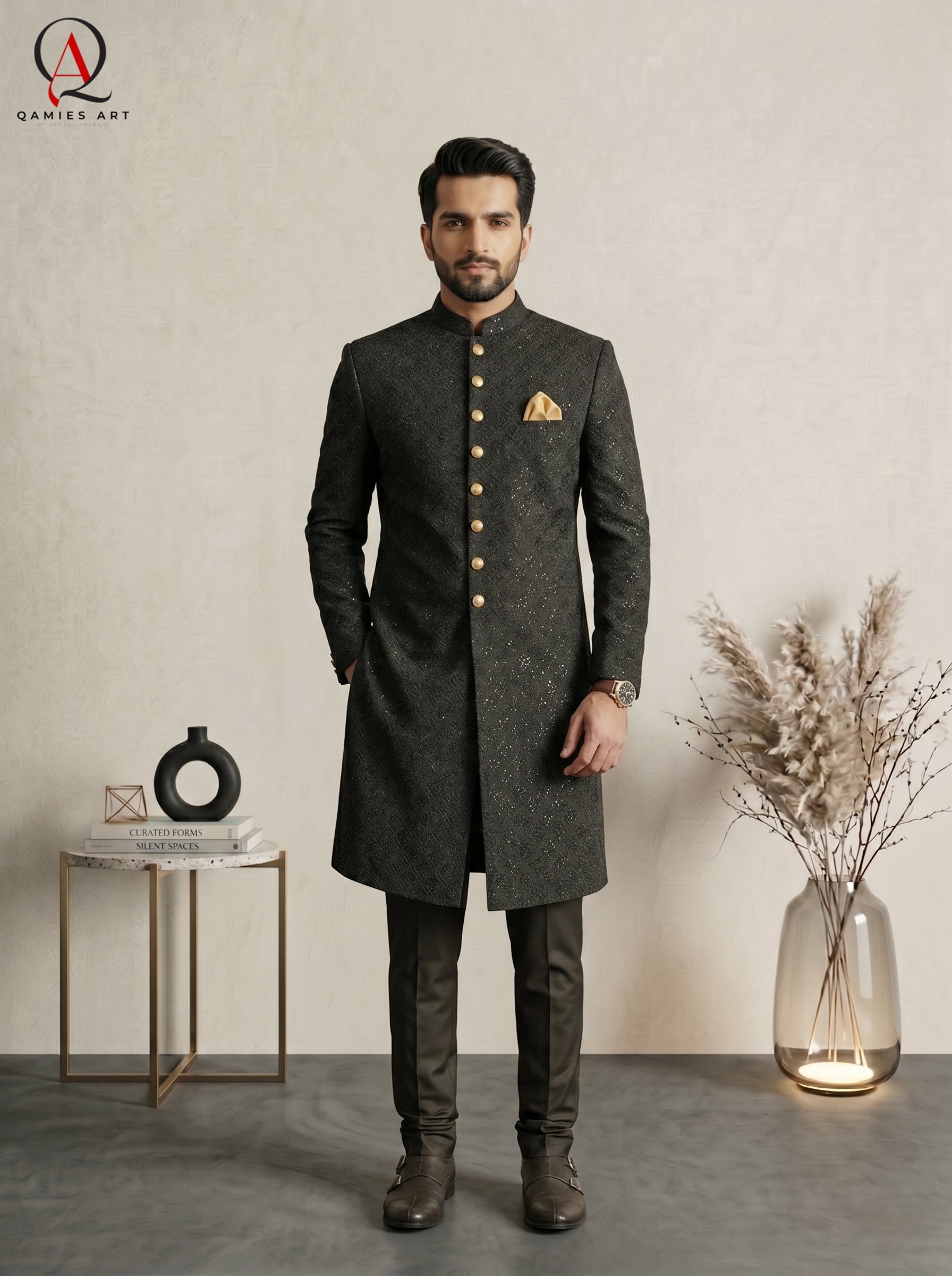 Qamies Art Black Square Pattern Embroidered Sherwani with Sequin Detailing