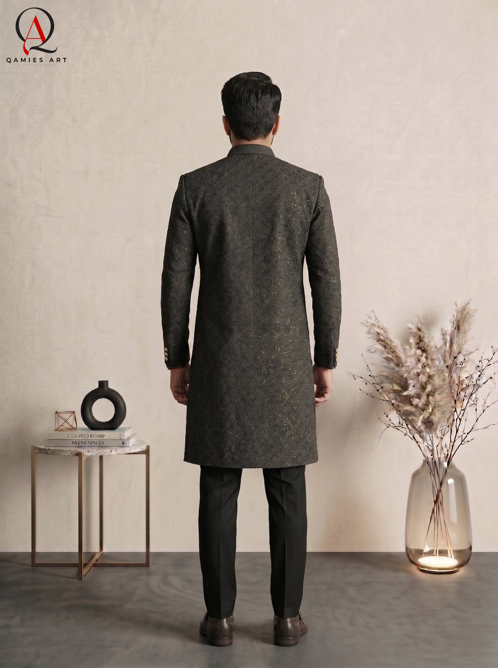 Qamies Art Black Square Pattern Embroidered Sherwani with Sequin Detailing