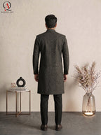 Qamies Art Black Square Pattern Embroidered Sherwani with Sequin Detailing