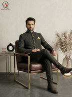 Qamies Art Black Square Pattern Embroidered Sherwani with Sequin Detailing