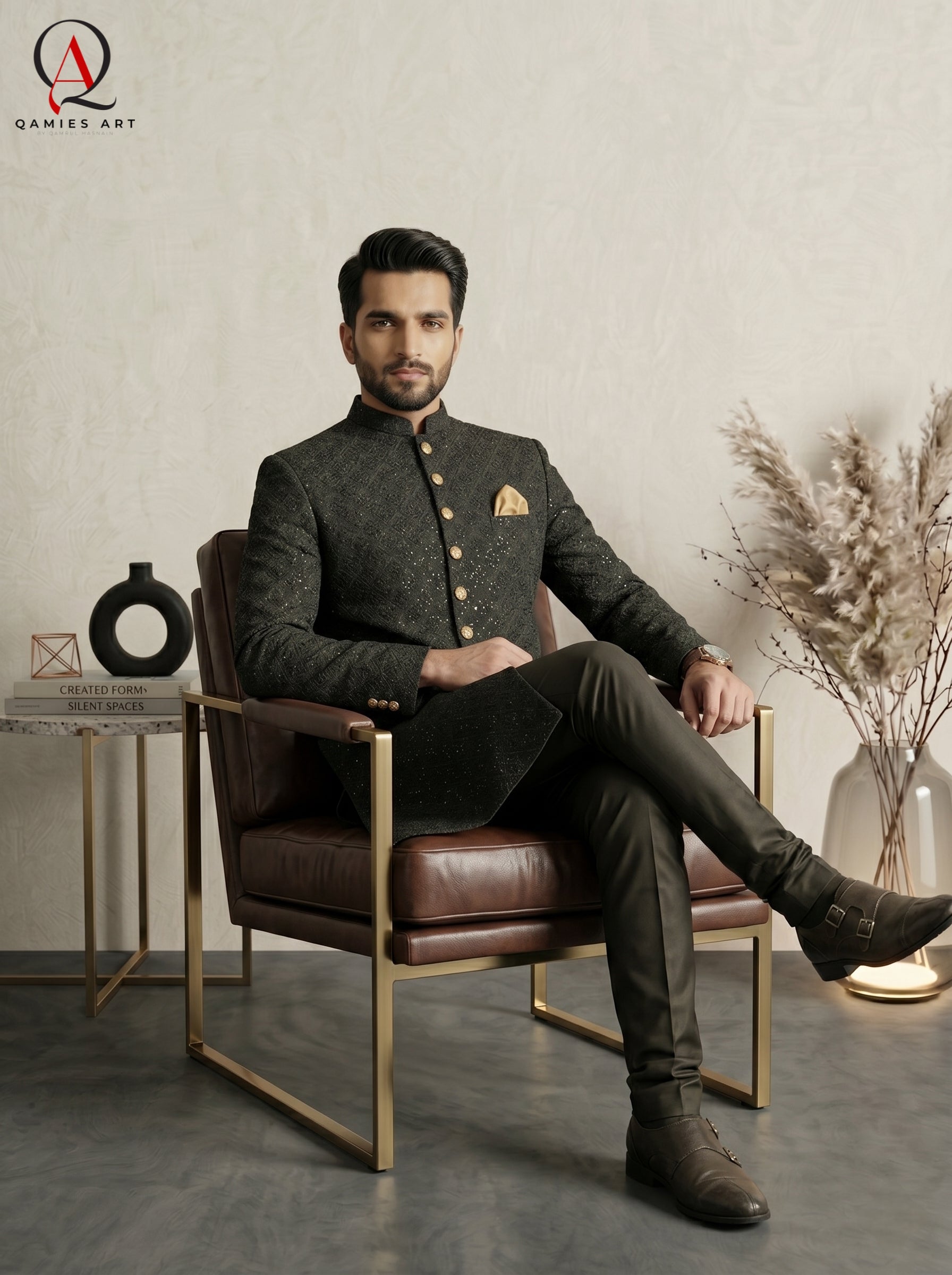 Qamies Art Black Square Pattern Embroidered Sherwani with Sequin Detailing