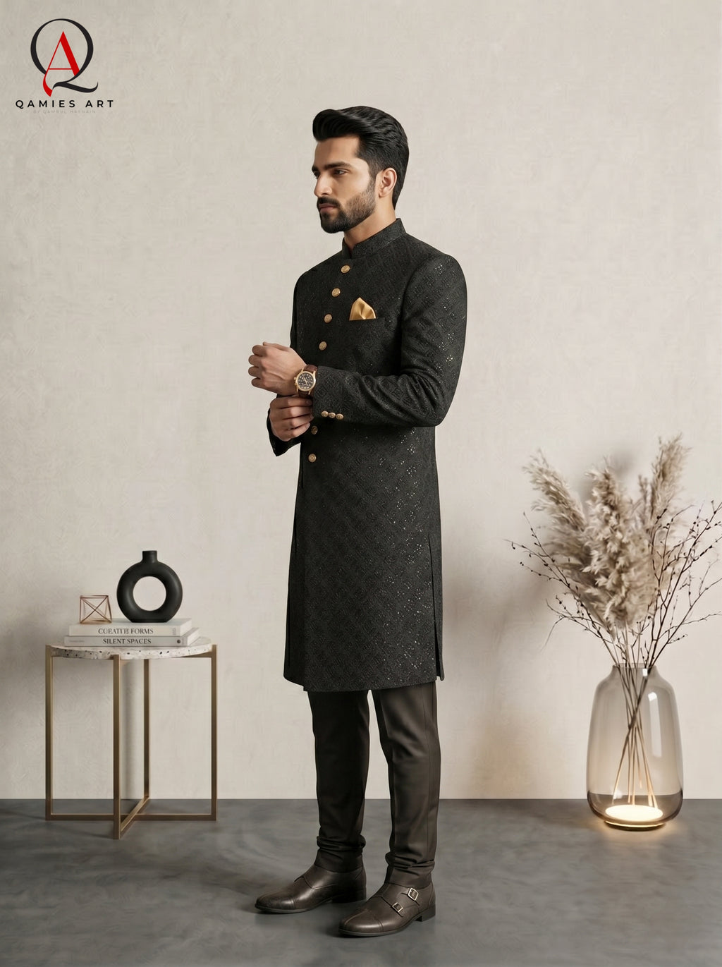 Qamies Art Black Square Pattern Embroidered Sherwani with Sequin Detailing