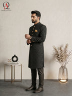 Qamies Art Black Square Pattern Embroidered Sherwani with Sequin Detailing