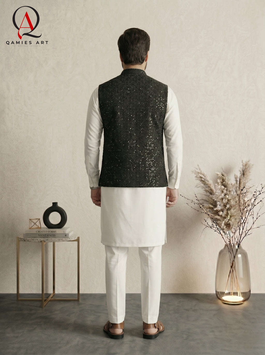 Black Geometric Embroidered Waistcoat with Square Pattern Detailing