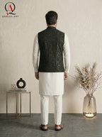 Black Geometric Embroidered Waistcoat with Square Pattern Detailing