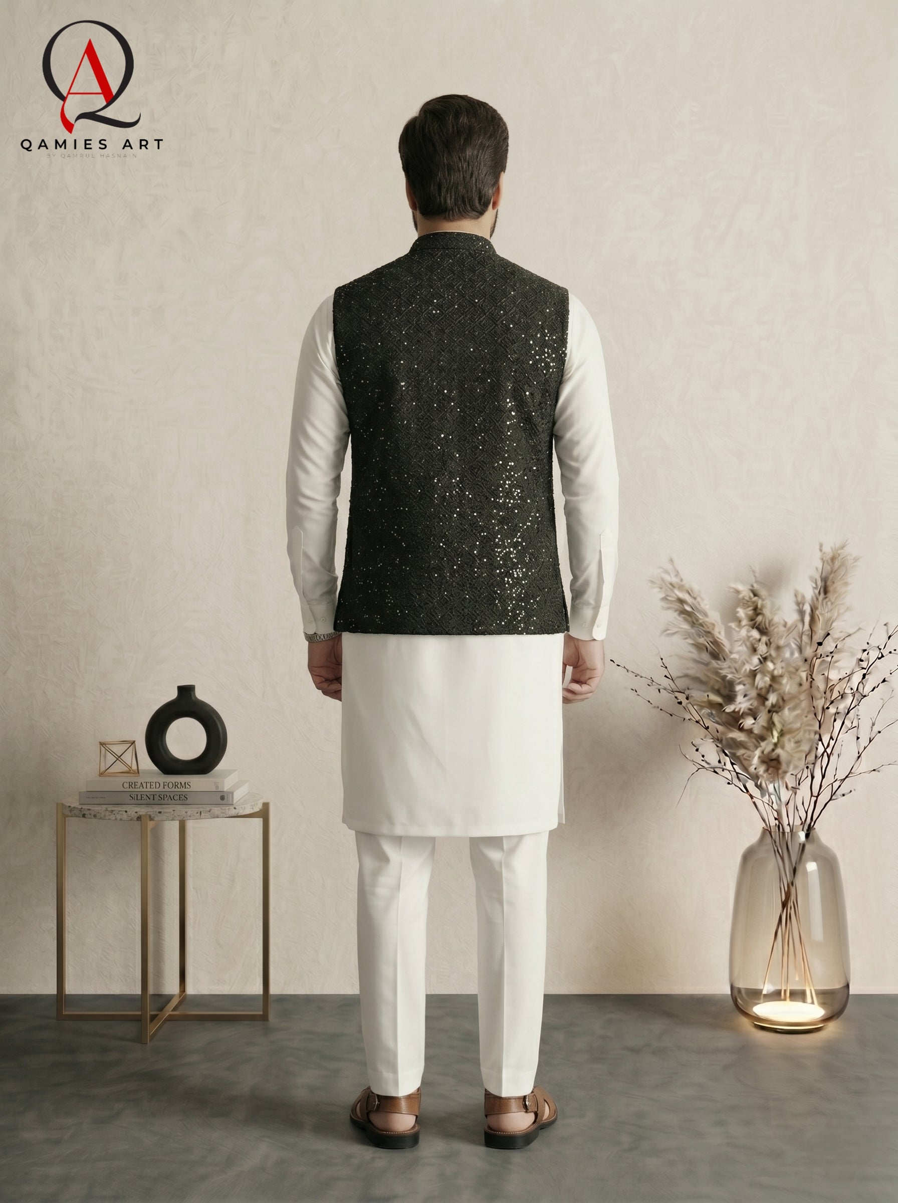 Black Geometric Embroidered Waistcoat with Square Pattern Detailing