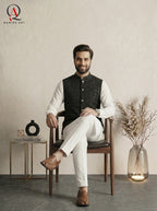 Black Geometric Embroidered Waistcoat with Square Pattern Detailing