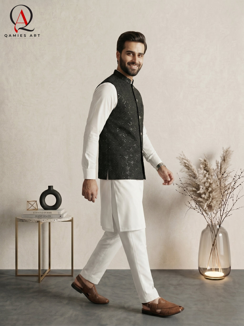 Black Geometric Embroidered Waistcoat with Square Pattern Detailing