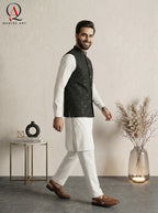 Black Geometric Embroidered Waistcoat with Square Pattern Detailing