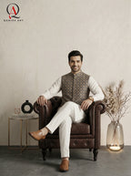 Navy Blue Square Pattern Waistcoat with Golden Resham Embroidery