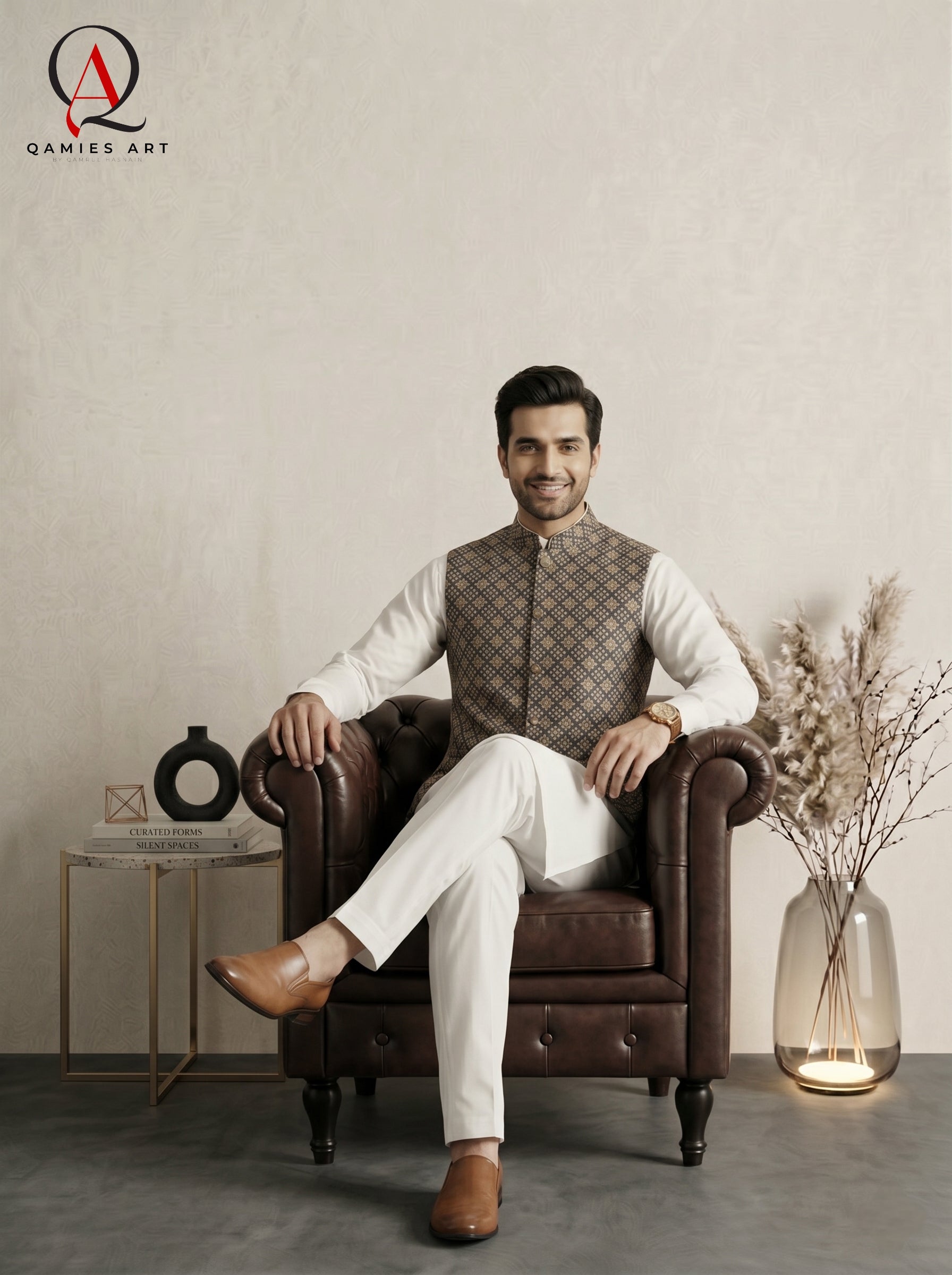 Navy Blue Square Pattern Waistcoat with Golden Resham Embroidery
