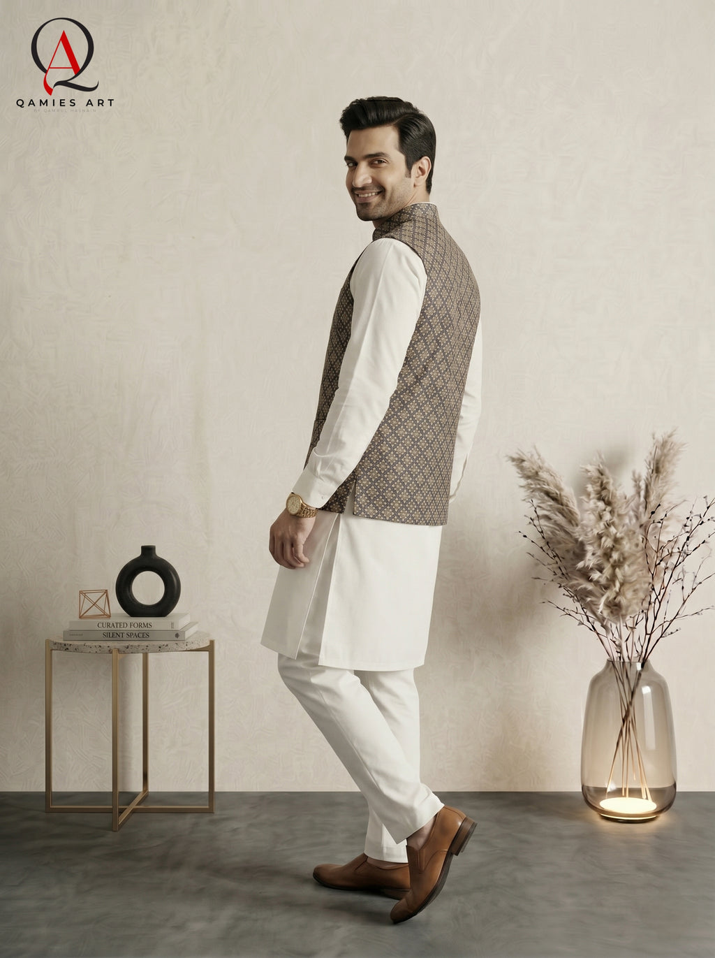 Navy Blue Square Pattern Waistcoat with Golden Resham Embroidery