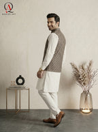 Navy Blue Square Pattern Waistcoat with Golden Resham Embroidery