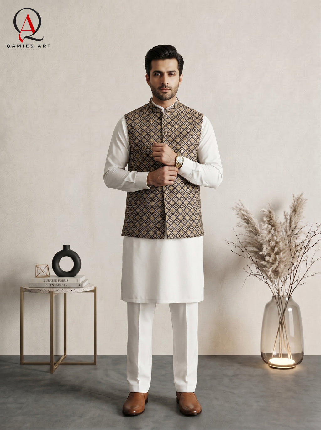 Navy Blue Square Pattern Waistcoat with Golden Resham Embroidery