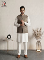 Navy Blue Square Pattern Waistcoat with Golden Resham Embroidery