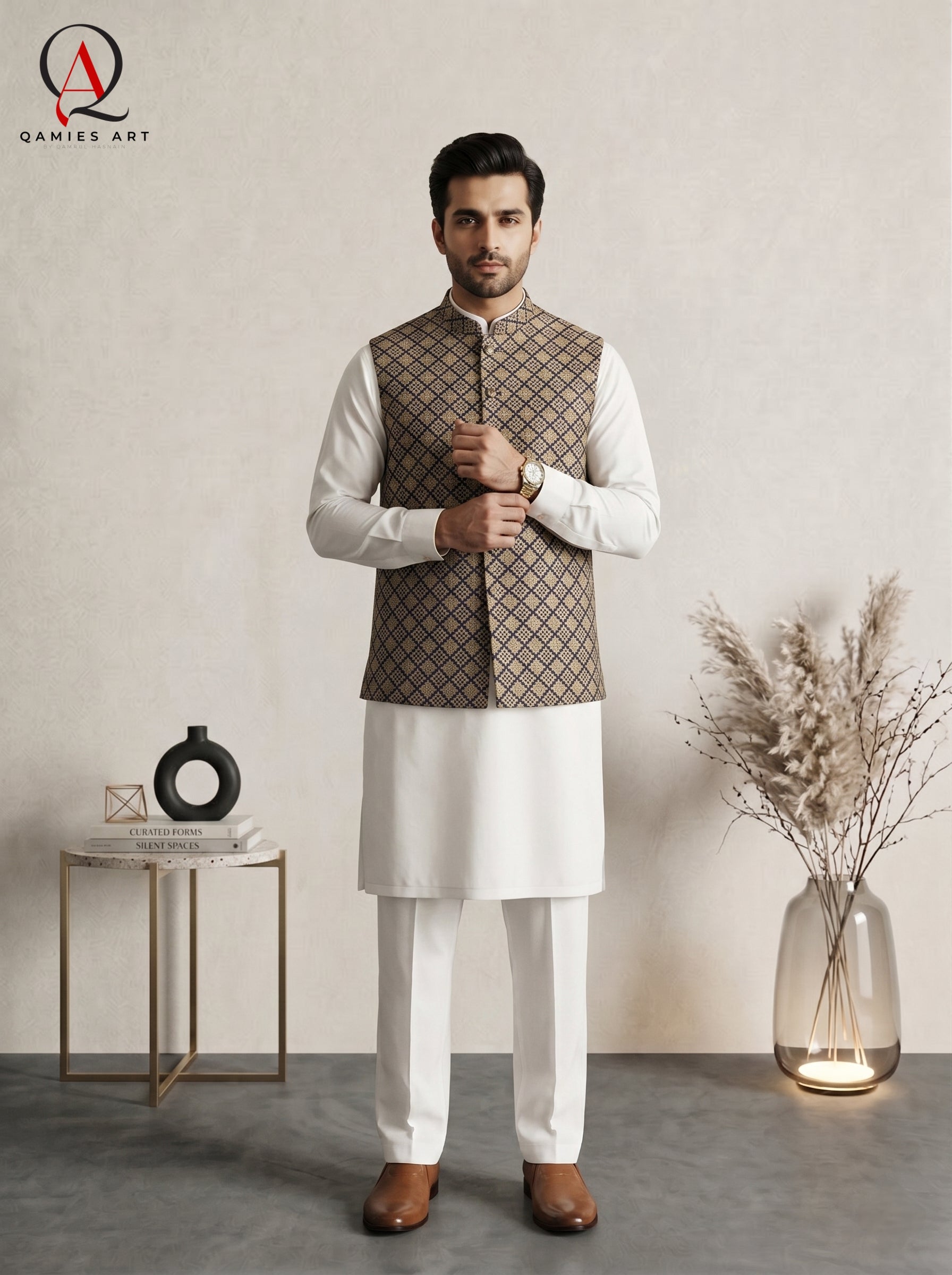 Navy Blue Square Pattern Waistcoat with Golden Resham Embroidery