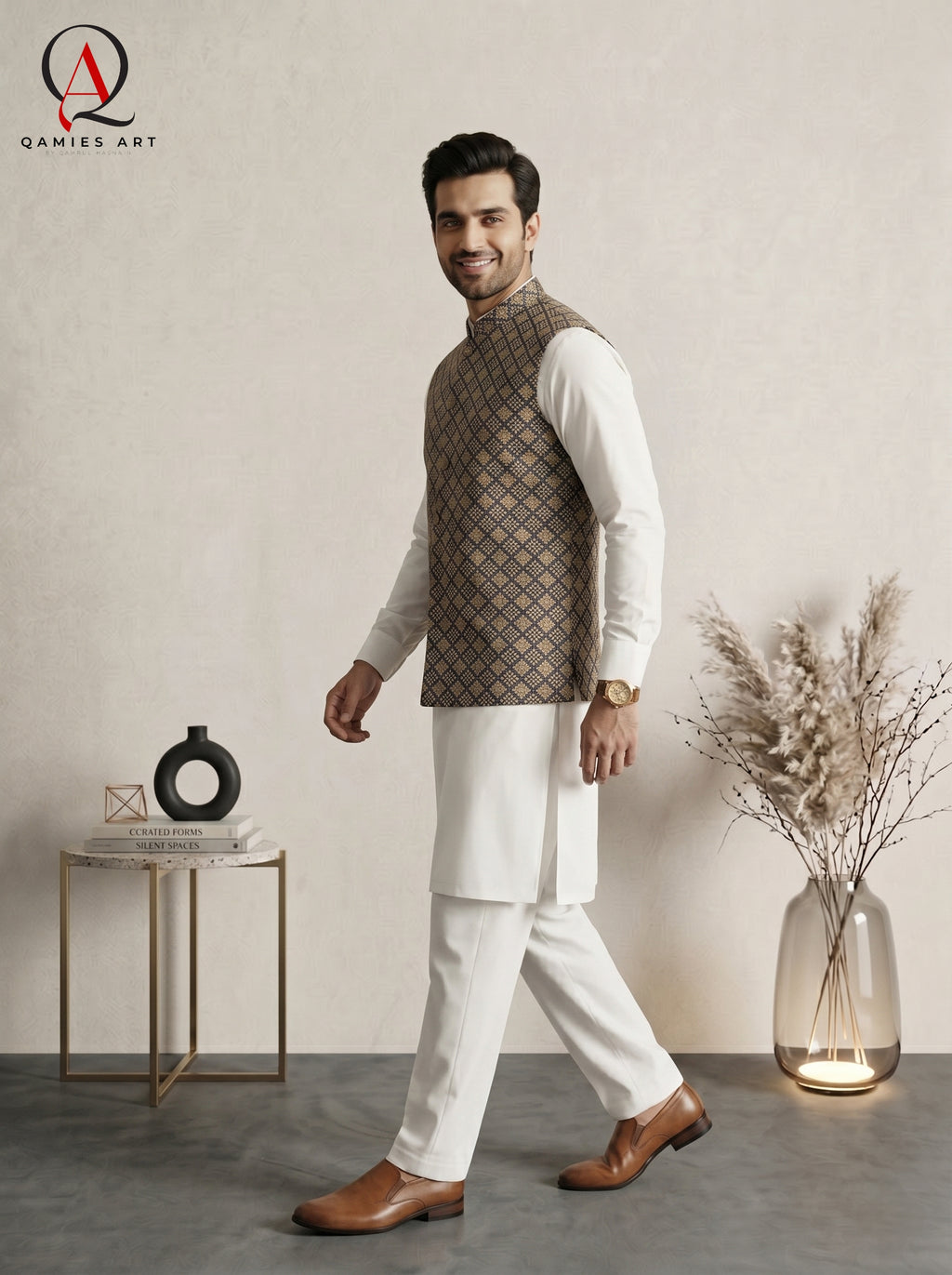 Navy Blue Square Pattern Waistcoat with Golden Resham Embroidery
