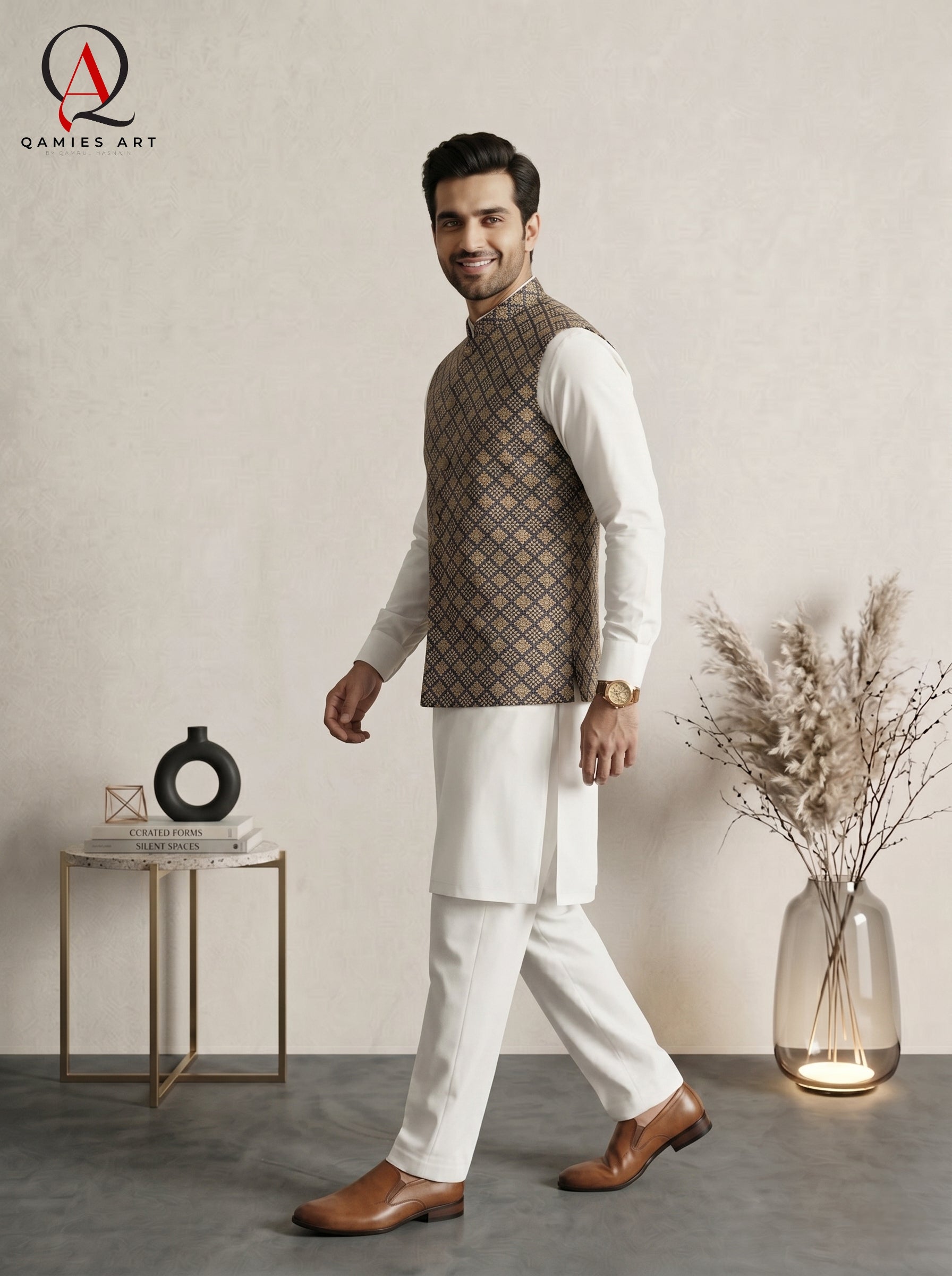 Navy Blue Square Pattern Waistcoat with Golden Resham Embroidery