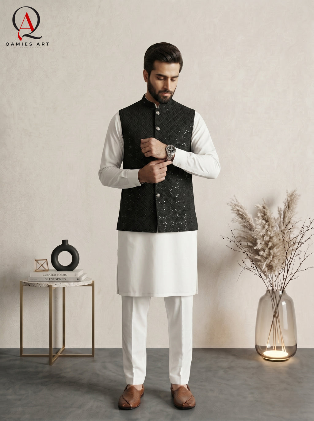 Black Geometric Embroidered Waistcoat with Square Pattern Detailing