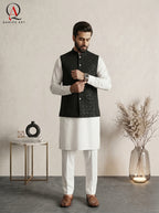 Black Geometric Embroidered Waistcoat with Square Pattern Detailing