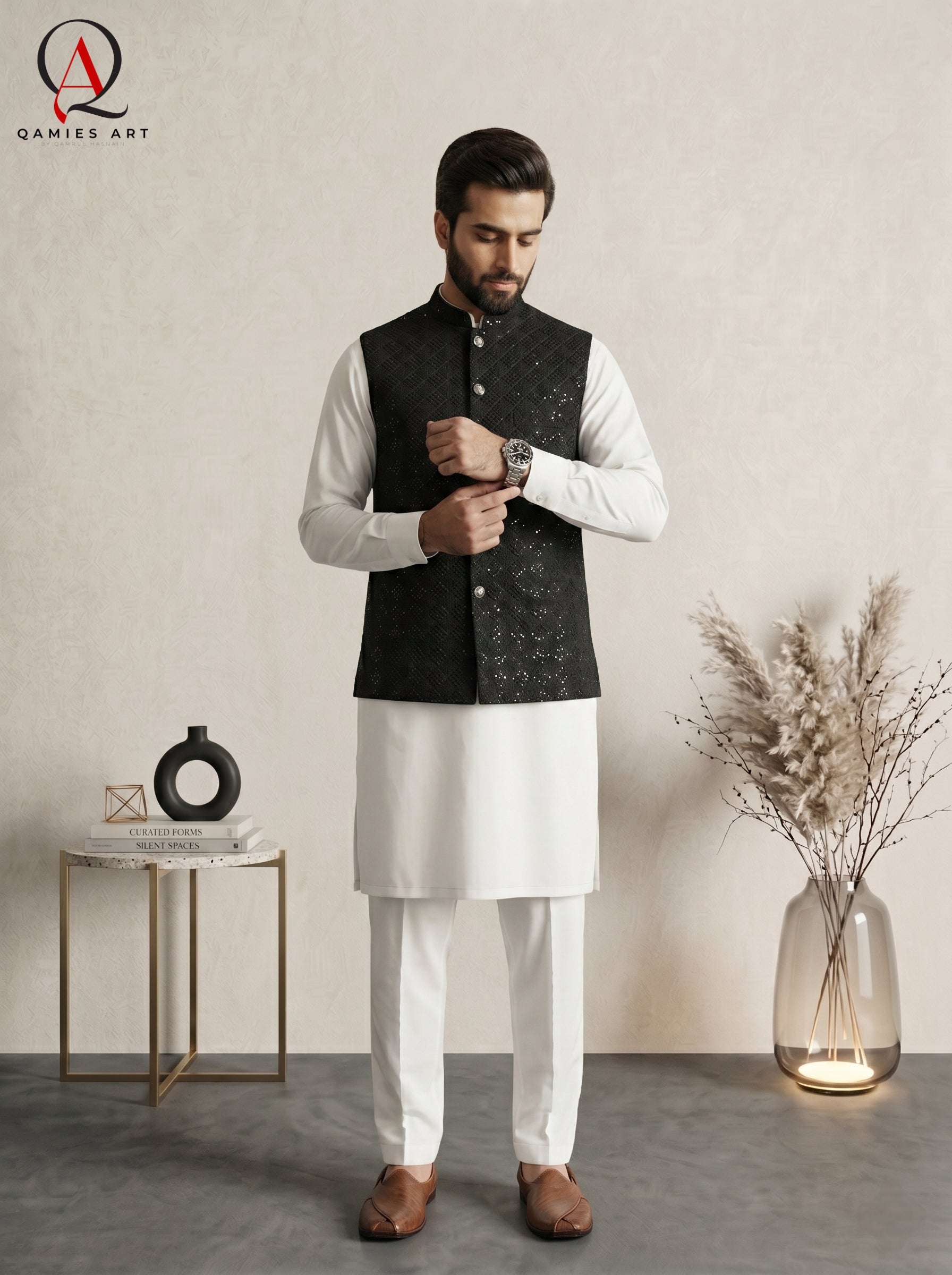 Black Geometric Embroidered Waistcoat with Square Pattern Detailing