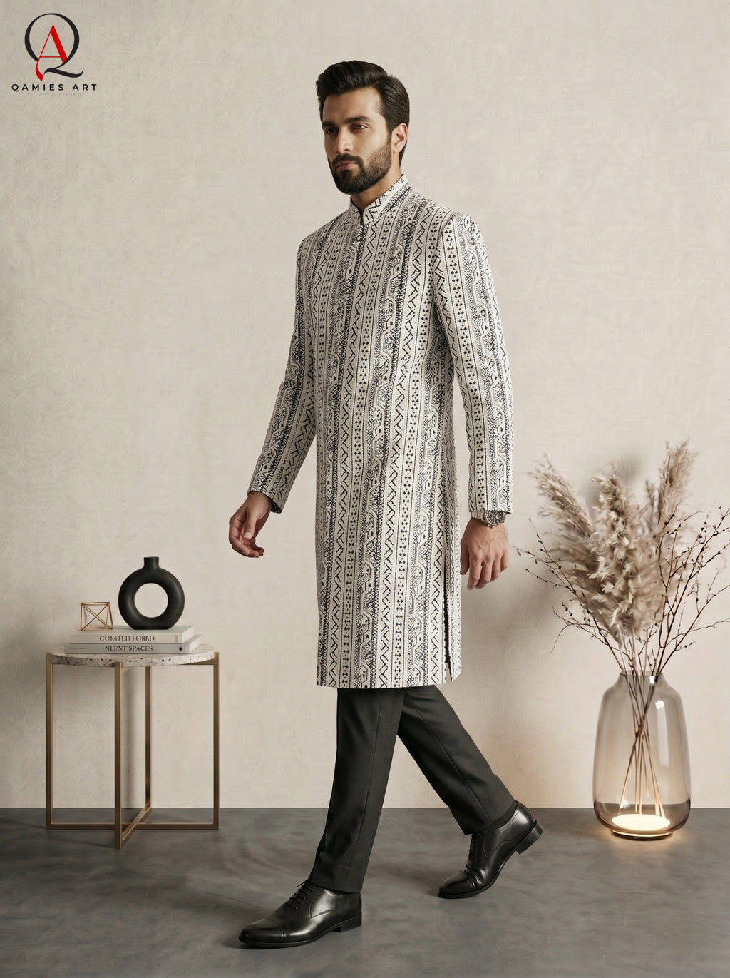 Black Jamawar Wedding Sherwani with Off-White Line Embroidery