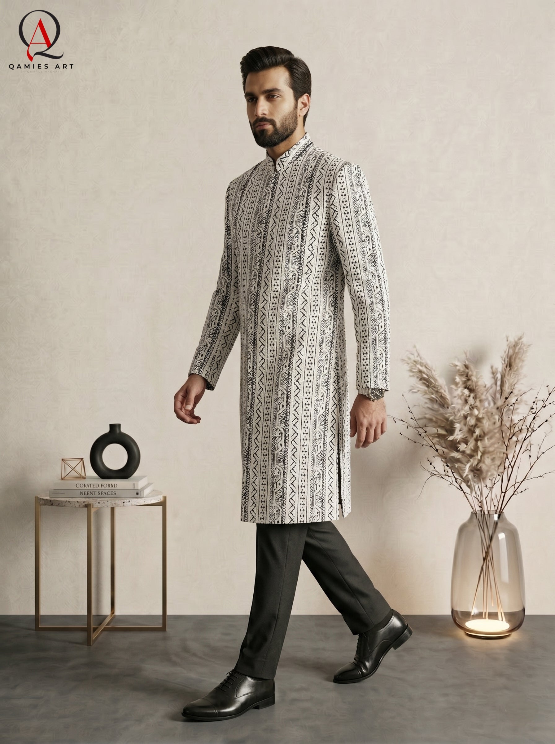 Black Jamawar Wedding Sherwani with Off-White Line Embroidery