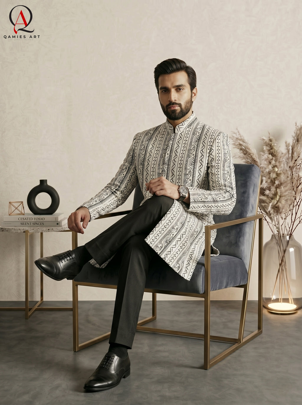 Black Jamawar Wedding Sherwani with Off-White Line Embroidery