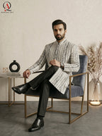 Black Jamawar Wedding Sherwani with Off-White Line Embroidery