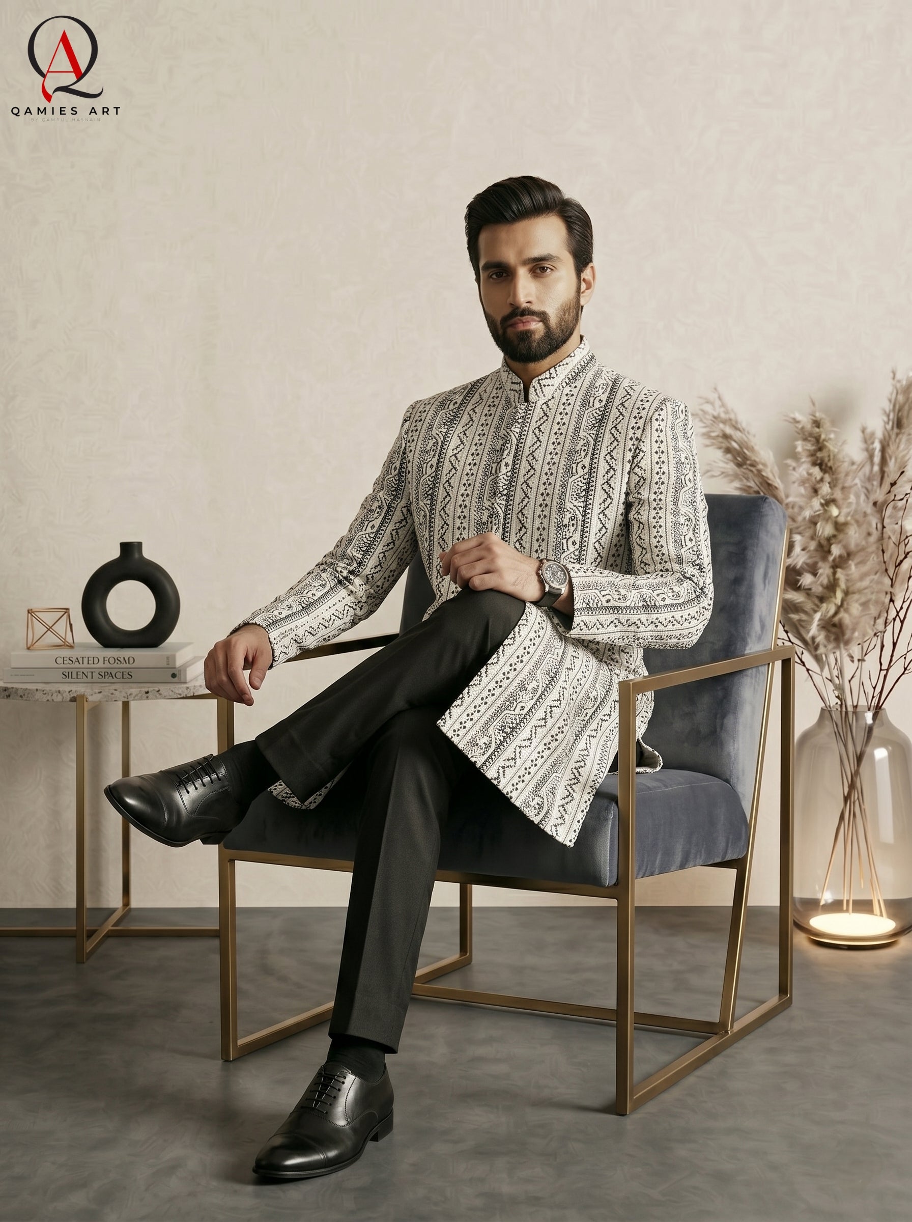 Black Jamawar Wedding Sherwani with Off-White Line Embroidery
