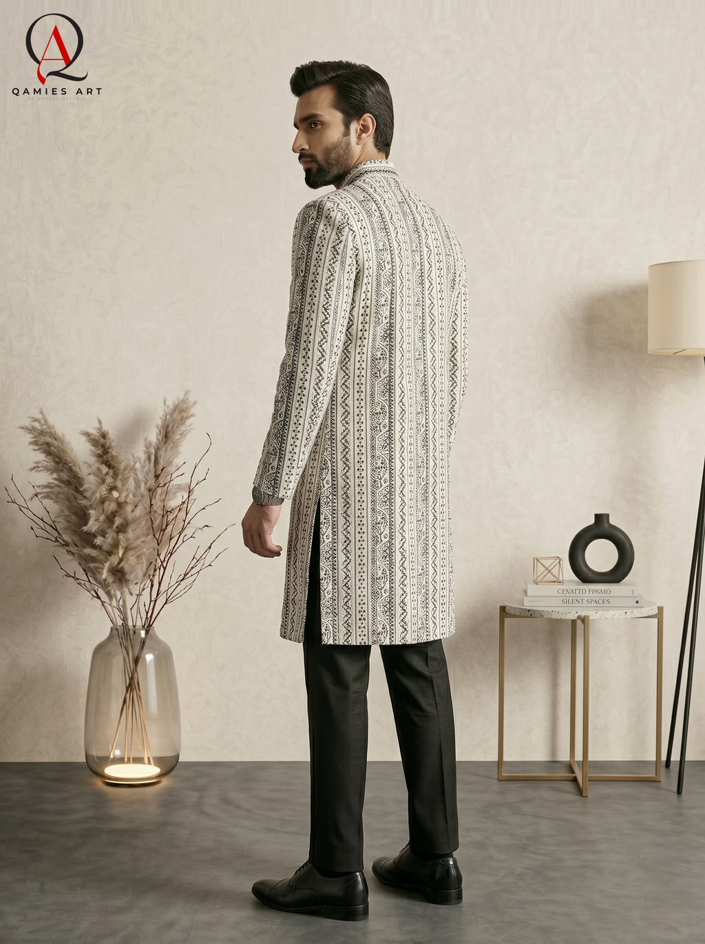 Black Jamawar Wedding Sherwani with Off-White Line Embroidery