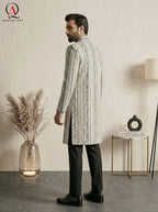 Black Jamawar Wedding Sherwani with Off-White Line Embroidery