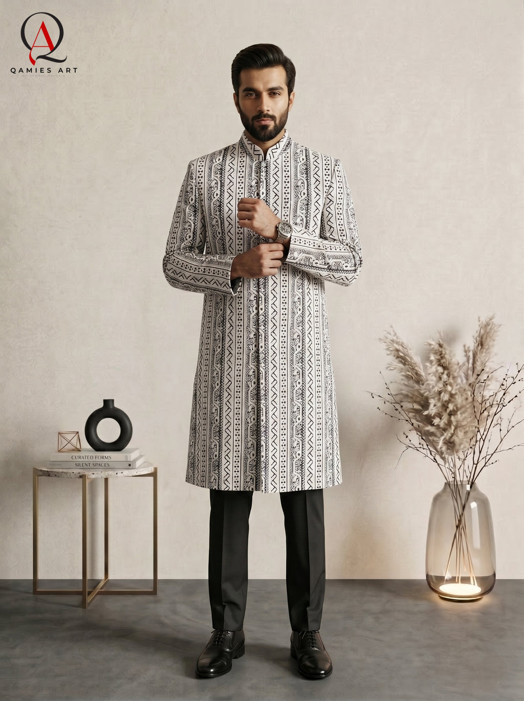 Black Jamawar Wedding Sherwani with Off-White Line Embroidery