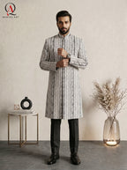 Black Jamawar Wedding Sherwani with Off-White Line Embroidery