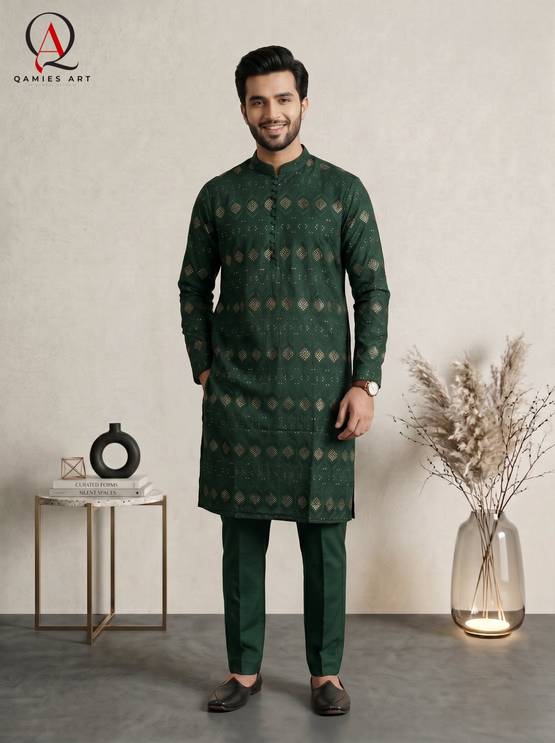 Green Embroidered Fancy Kurta Set with Gold Sequins & Staple Cotton Trouser