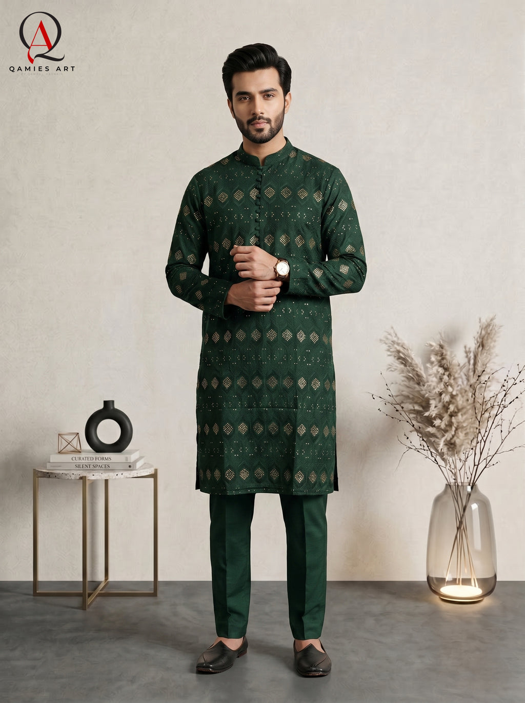 Green Embroidered Fancy Kurta Set with Gold Sequins & Staple Cotton Trouser