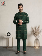 Green Embroidered Fancy Kurta Set with Gold Sequins & Staple Cotton Trouser