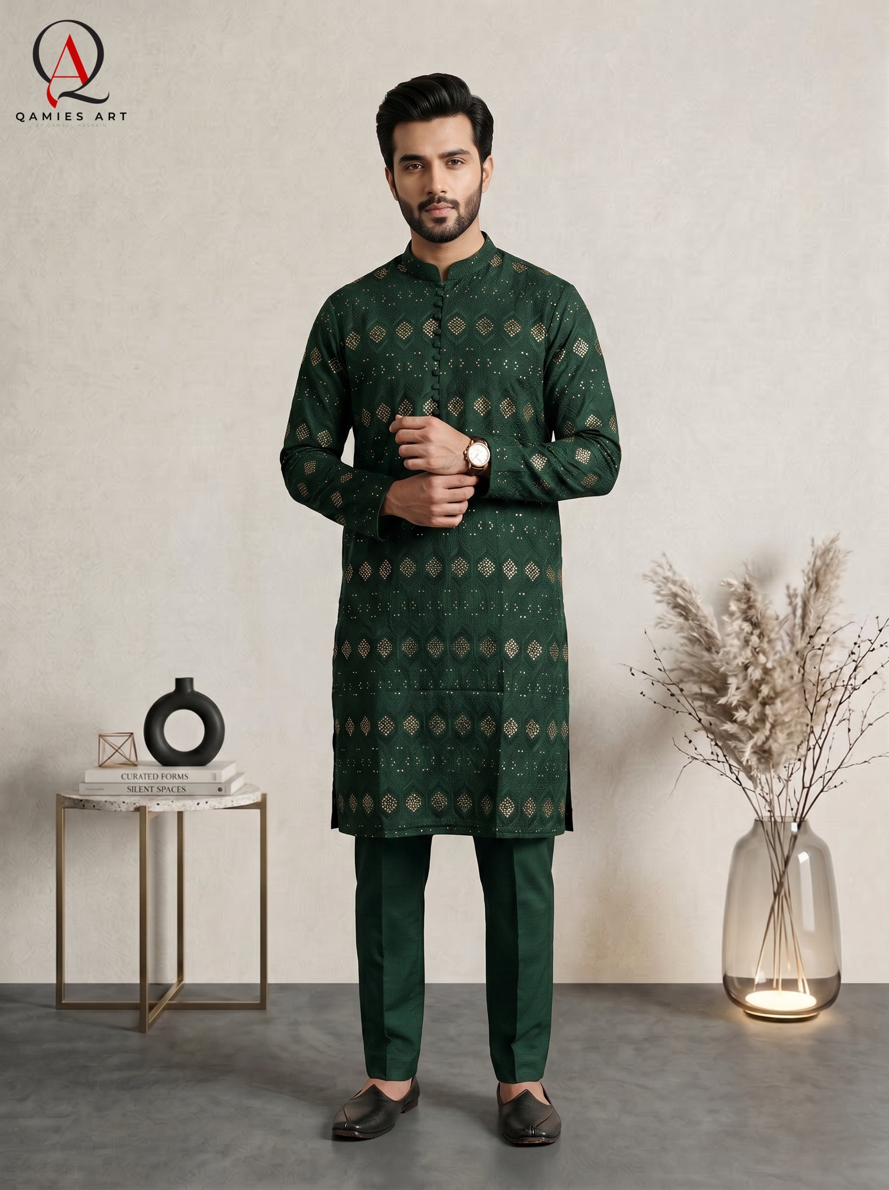Green Embroidered Fancy Kurta Set with Gold Sequins & Staple Cotton Trouser